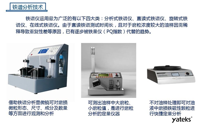 鐵譜儀應(yīng)用最為廣泛的有四大類：分析式鐵譜儀、直讀式鐵譜儀、旋轉(zhuǎn)式鐵譜儀、在線式鐵譜儀